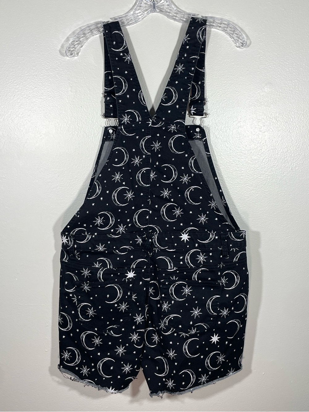 HT Denim Celestial Moon & Stars Short Overalls Black Goth Grunge Alternative - Picture 3 of 11